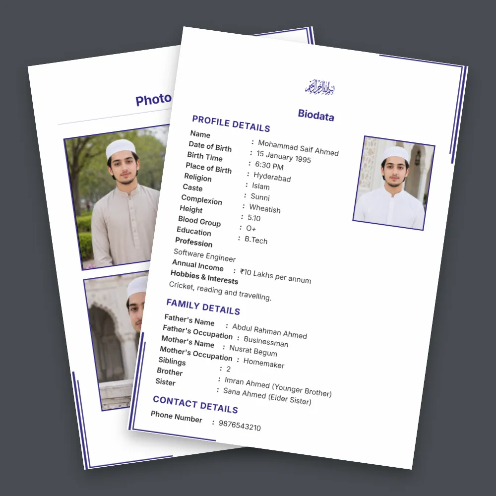 Muslim boy marriage biodata template with a clean white page, blue decorative border, profile photos and detailed matrimonial information