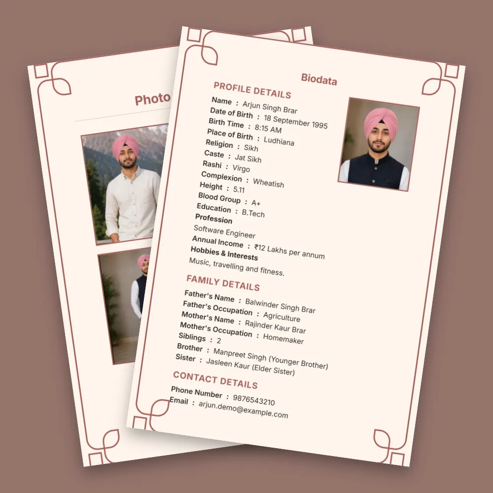 Punjabi boy biodata format with a soft pink background, delicate decorative border, Sikh symbol, profile photo and organized personal details