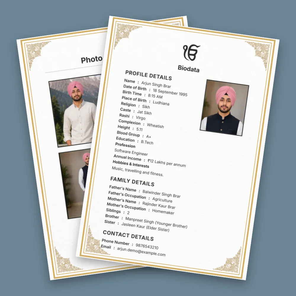 Punjabi boy biodata template with a white page, elegant golden border, Sikh symbol, profile photo and detailed matrimonial information