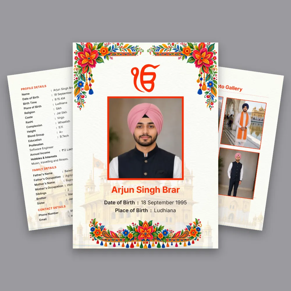 Punjabi boy marriage biodata template with a colorful floral frame, Sikh symbol, turbaned profile photo and supporting matrimonial pages