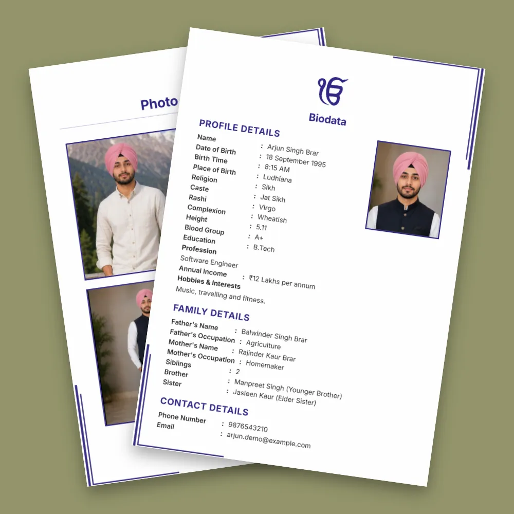Punjabi boy marriage biodata template with a clean white page, blue decorative border, Sikh symbol, turbaned profile photo and matrimonial details