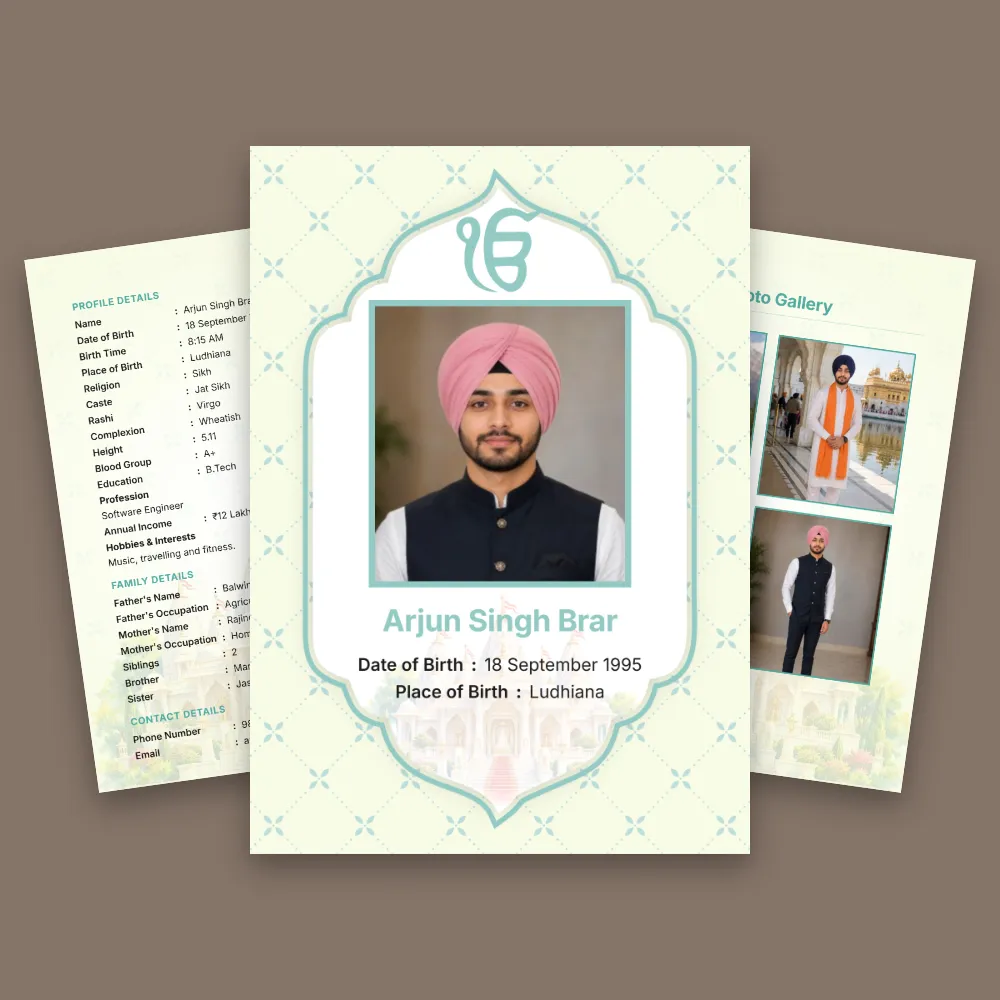 Punjabi boy vivah biodata template with a light green geometric border, Sikh symbol, turbaned profile photo and organized marriage details