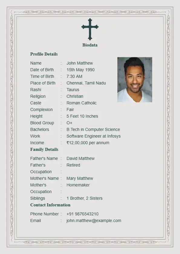 christian matrimonial biodata word file with white roses and purity theme