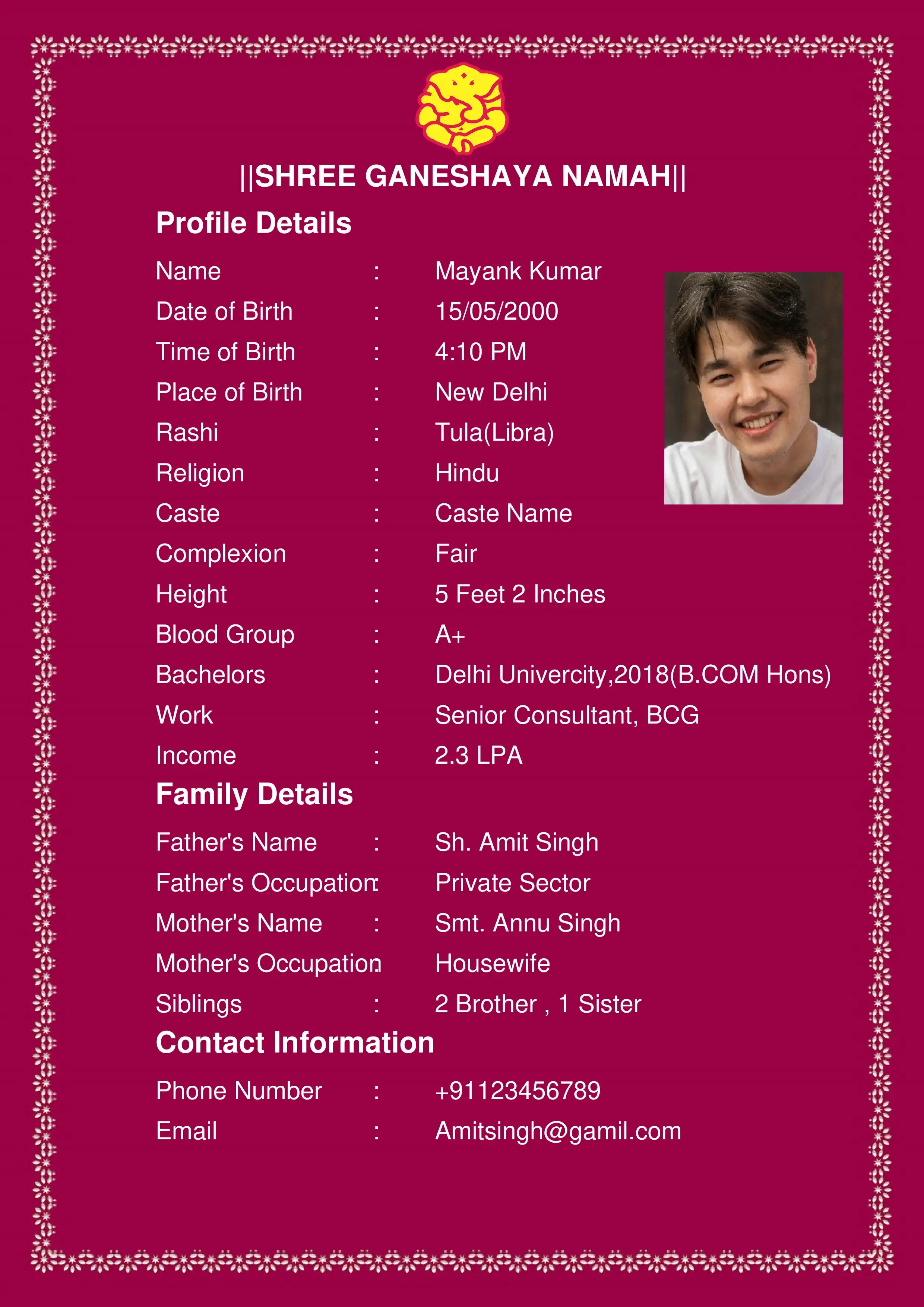 South Indian marriage biodata