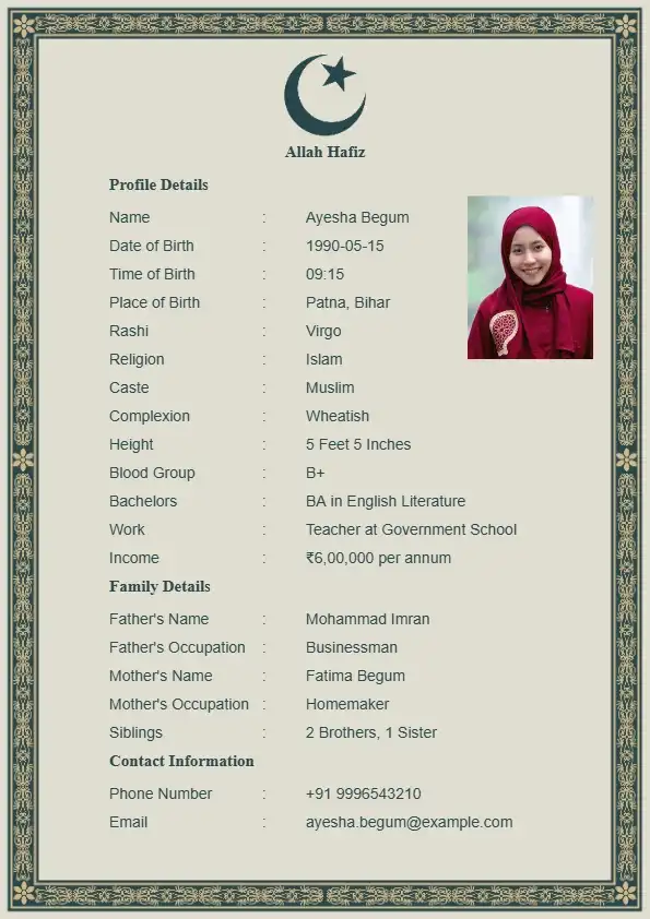 Royal green Muslim biodata template