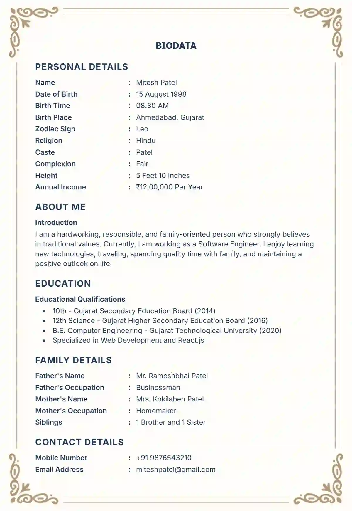 Professional marriage biodata format template