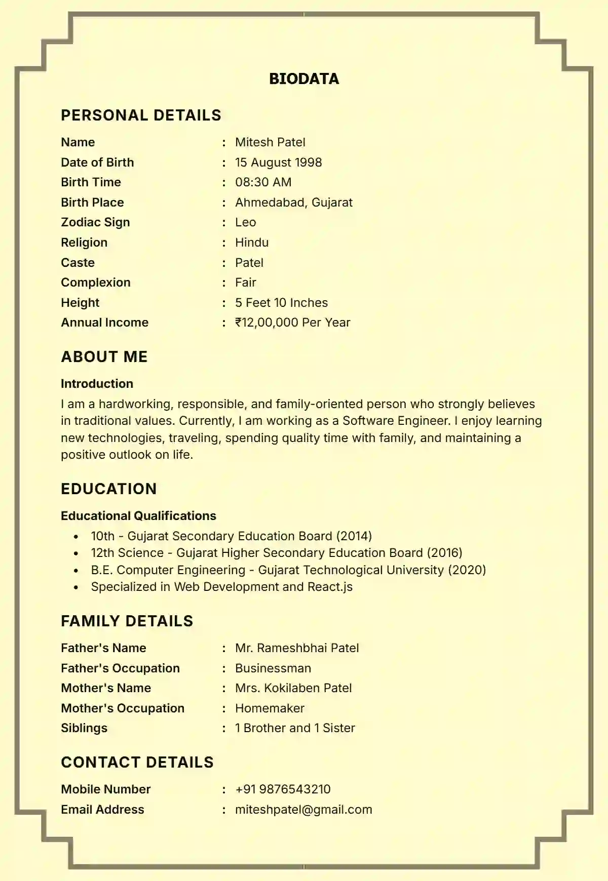 Professional marriage biodata template heritage cream