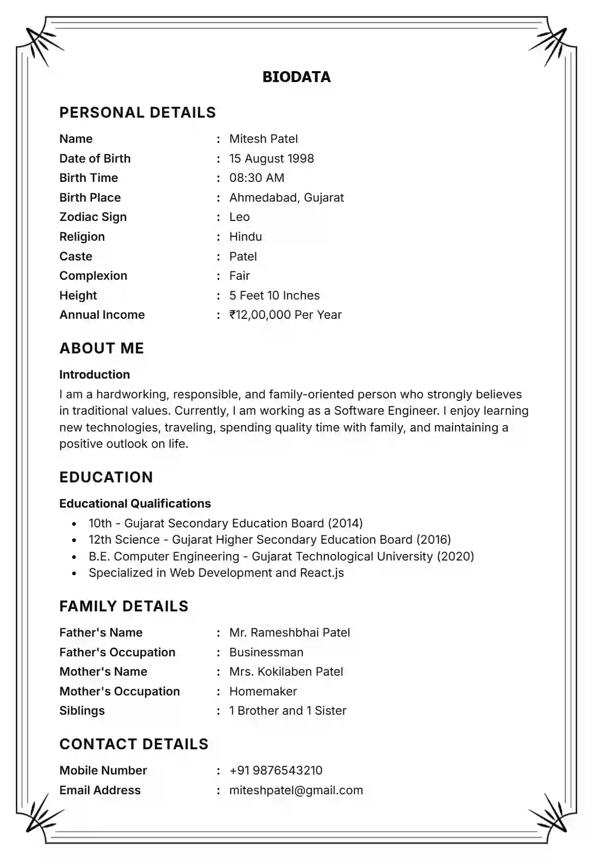 Silver floral English biodata format
