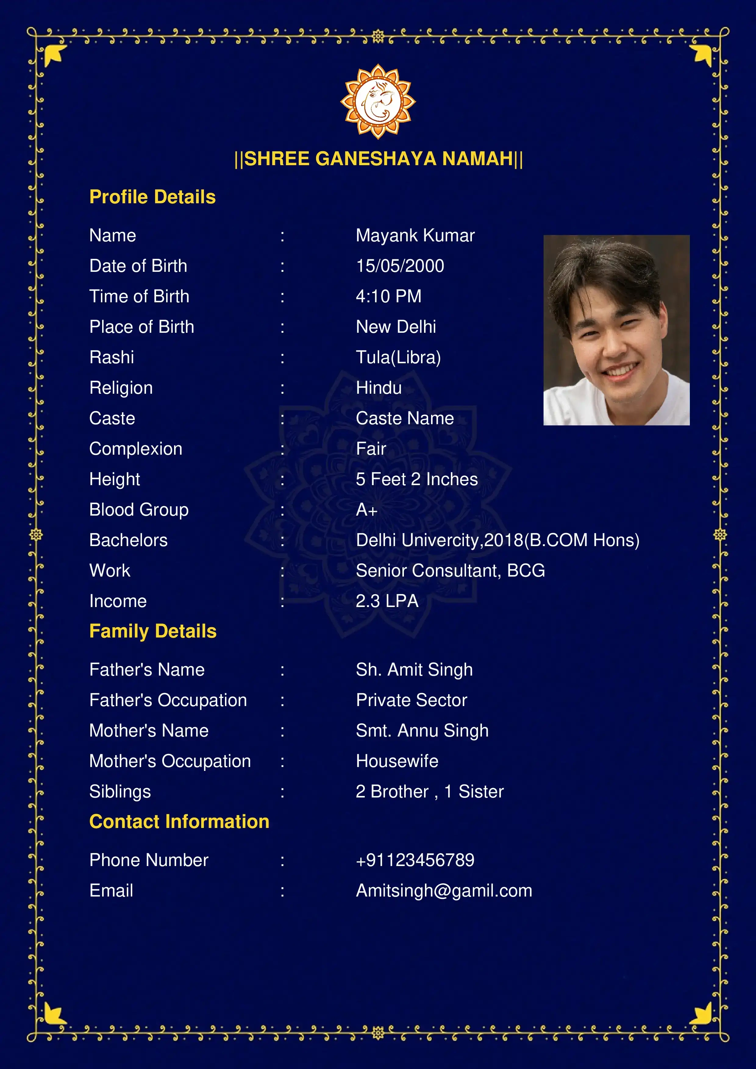 Royal blue Hindu wedding biodata