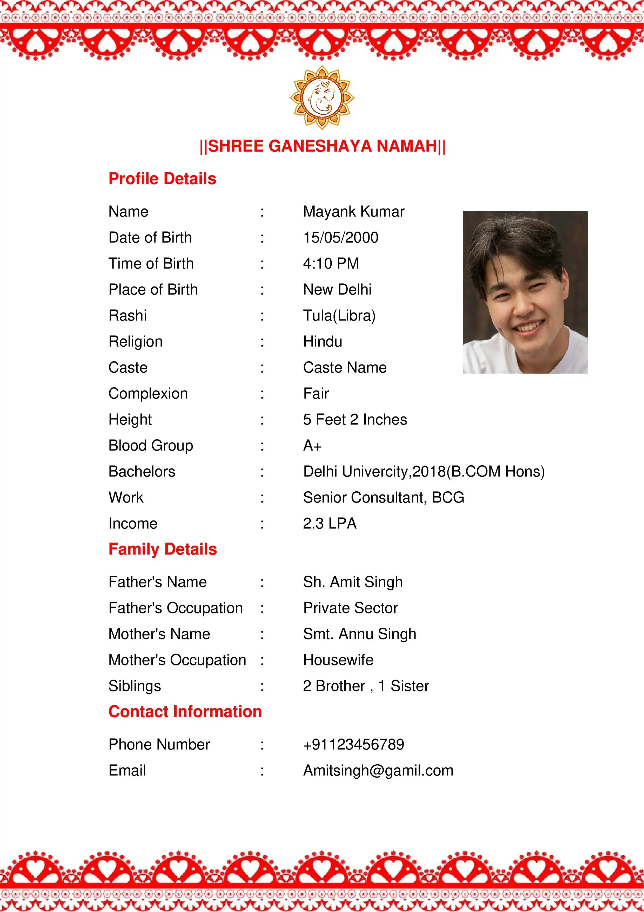 Traditional Hindu marriage biodata