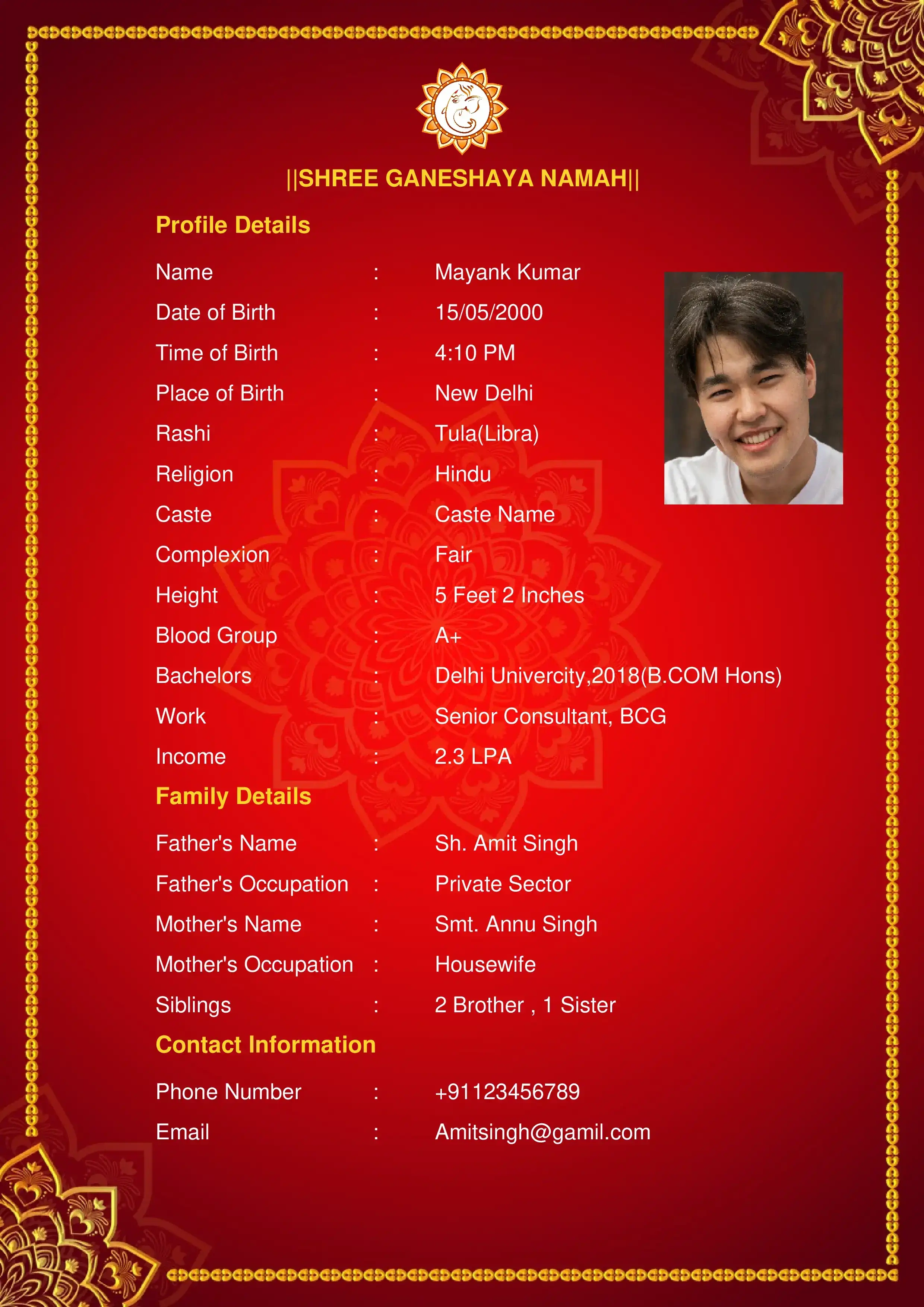 Vibrant yellow Hindu marriage biodata