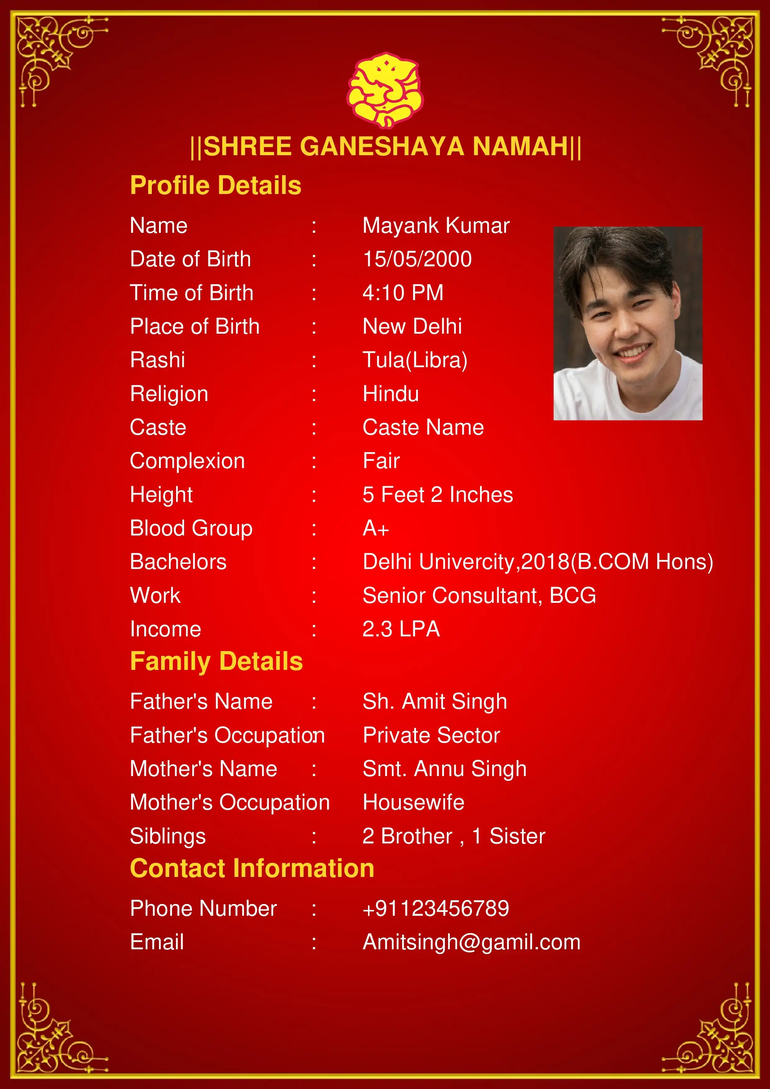 Hindu marriage biodata template with kalash