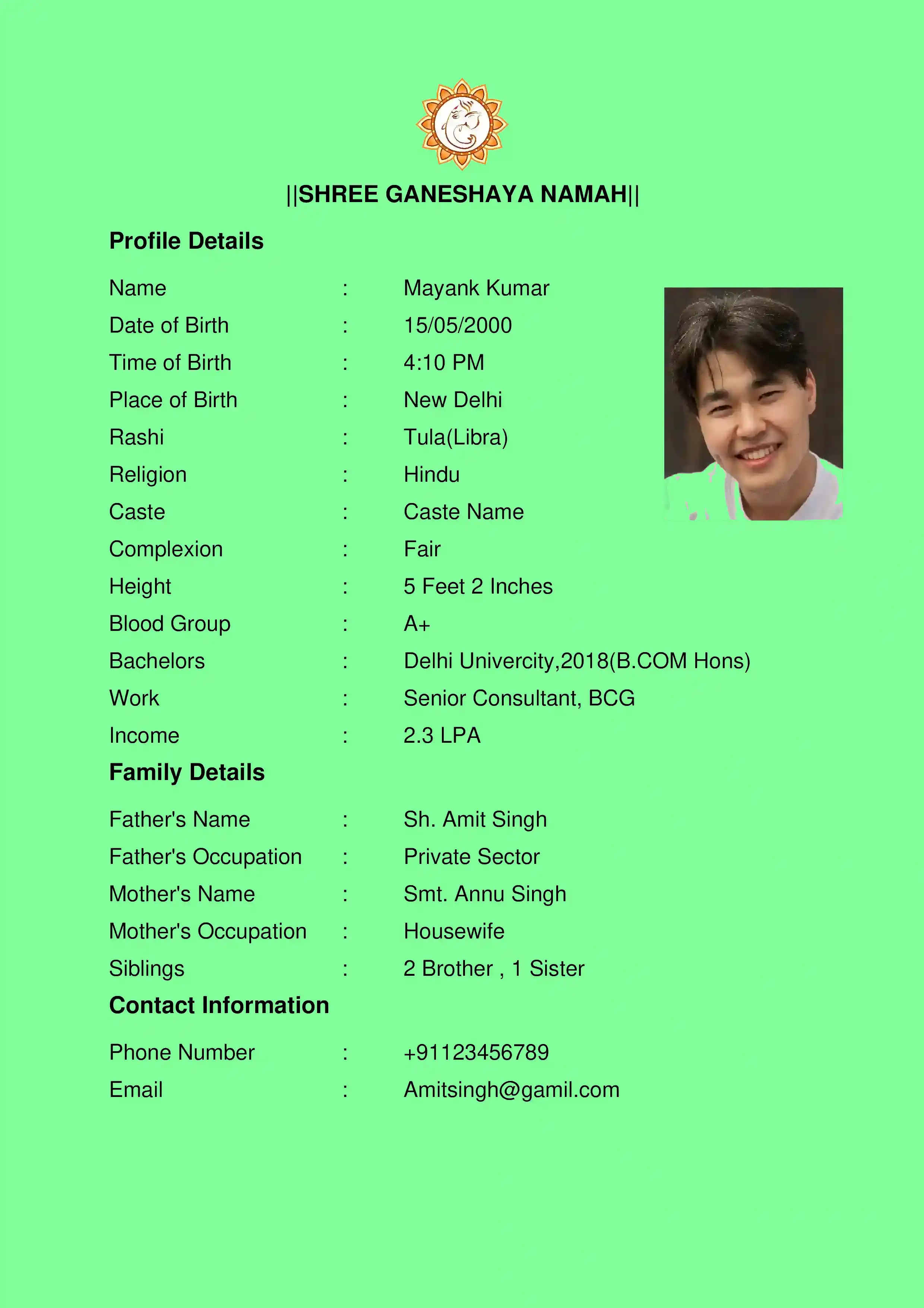 Elegant Hindu marriage biodata